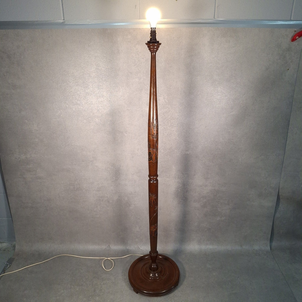 Vintage Carved Wooden Standard Floor Lamp Oriental Bamboo Motif Tall Asian
