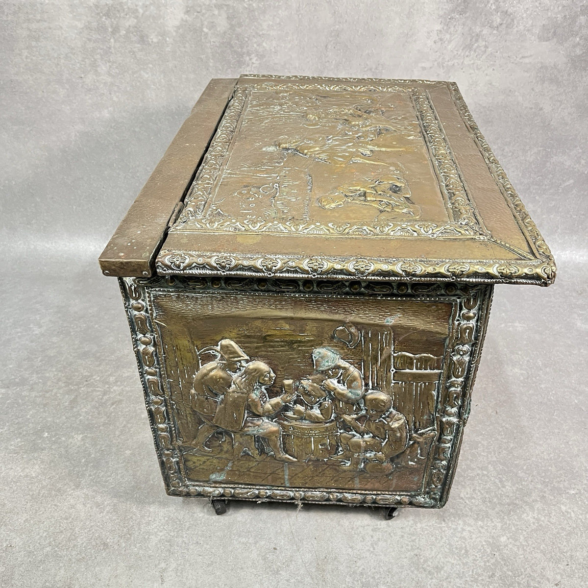 Vintage Embossed Brass Coal Box / Log Box - Tavern & Hunting Scenes - Victorian/Edwardian Style - Used