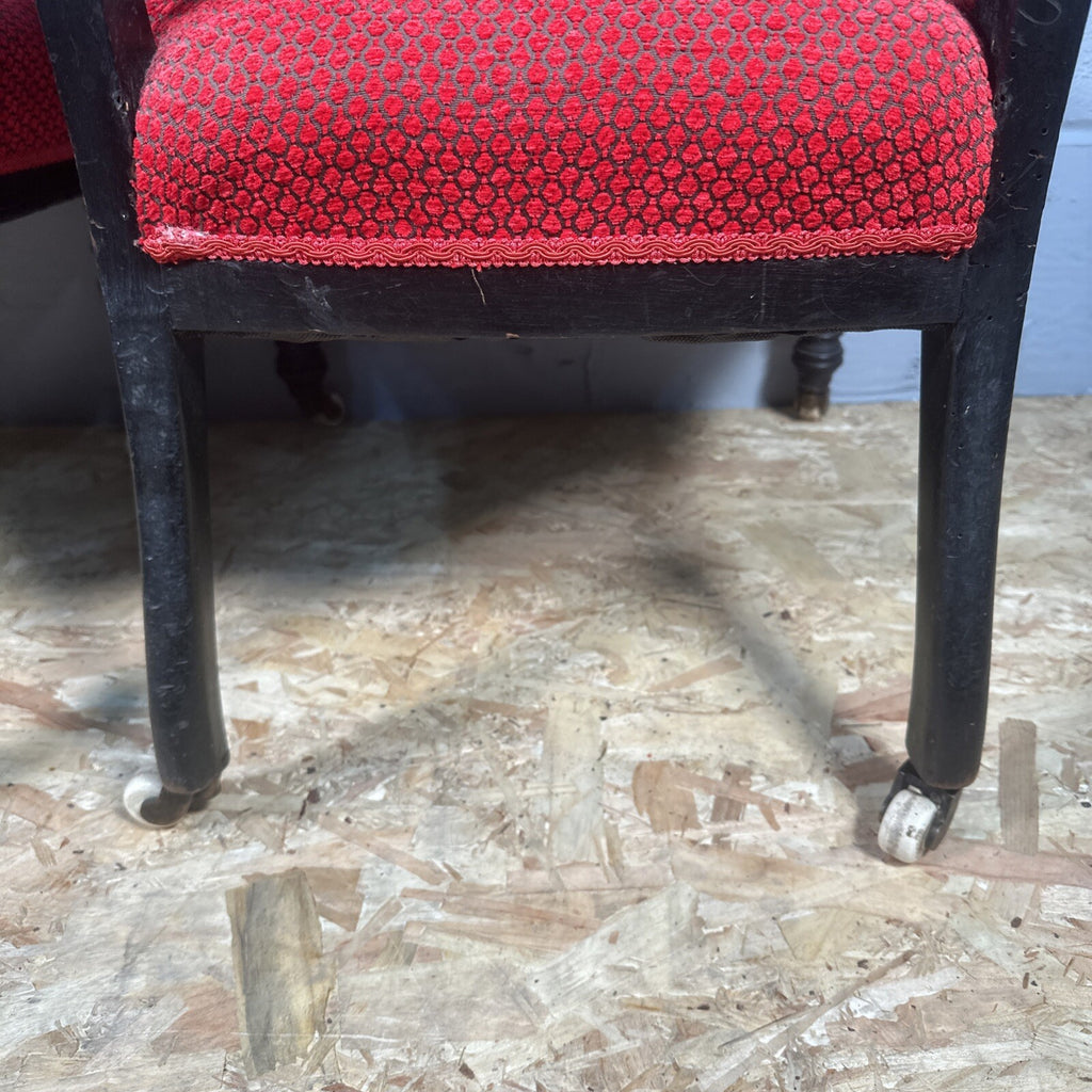 Pair of Antique Carved Nursing Chairs | Black Painted | Red Upholstery | Castors