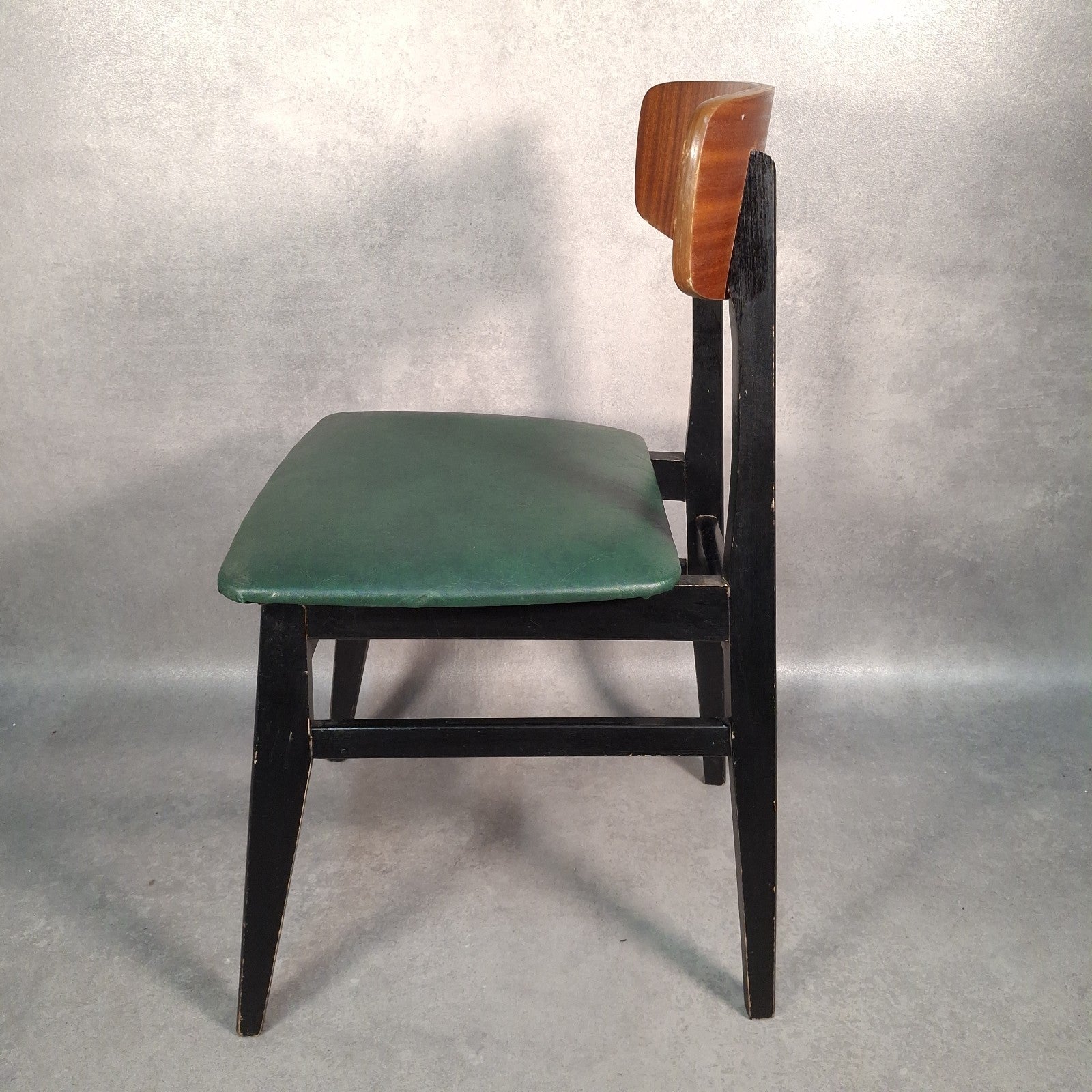 Vintage 1960s Mid-Century Dining Chair | Green Vinyl Seat | Bent Ply Backrest | Black Frame | Used