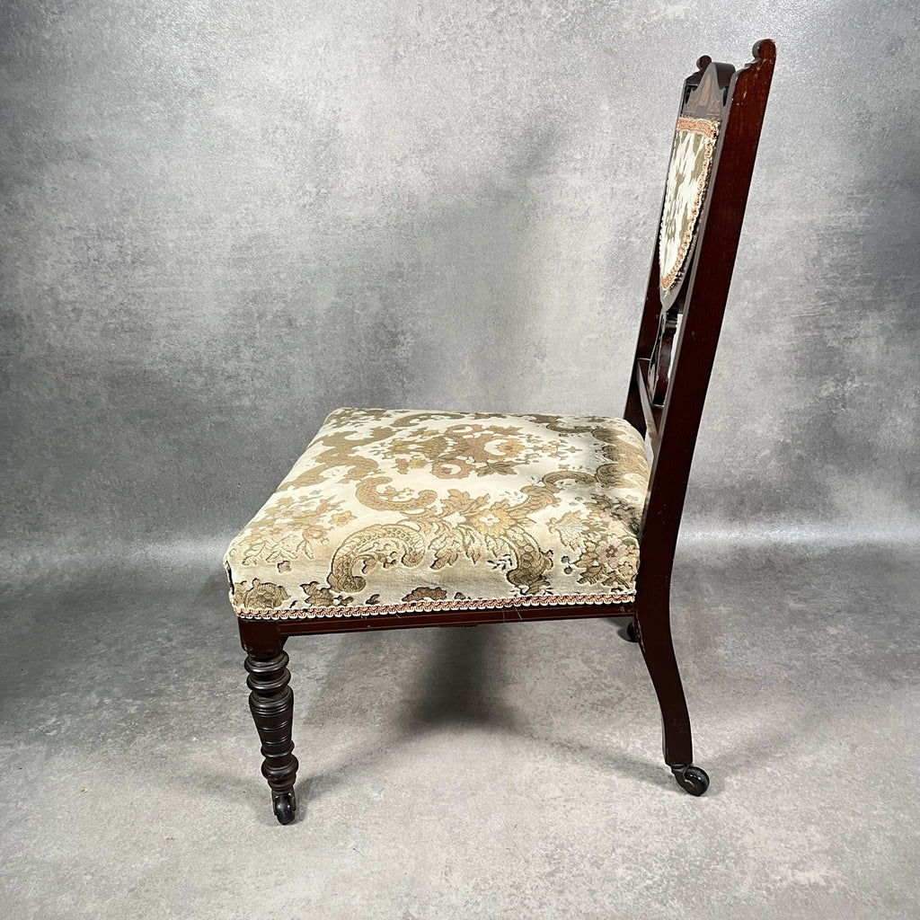 Edwardian Inlaid Mahogany Bedroom Chair | Satinwood Fan Motif | Floral Upholstery | Castors | c.1900 | Used