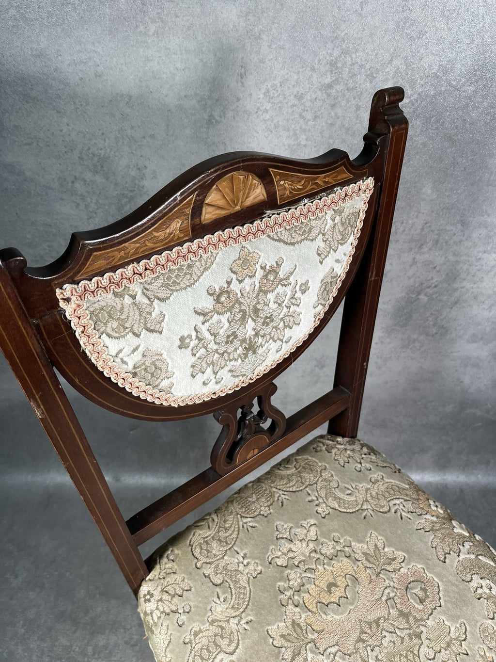 Edwardian Inlaid Mahogany Chair | Satinwood Fan Motif | Floral Upholstery | c.1900 | Antique | Used