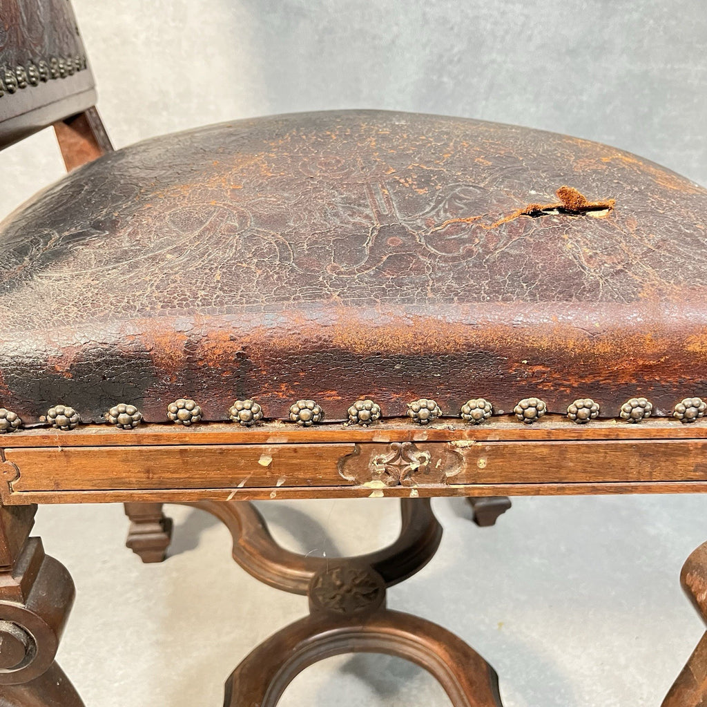 Antique Victorian Renaissance Revival Oak Hall Chair c.1880s Tooled Leather Seat