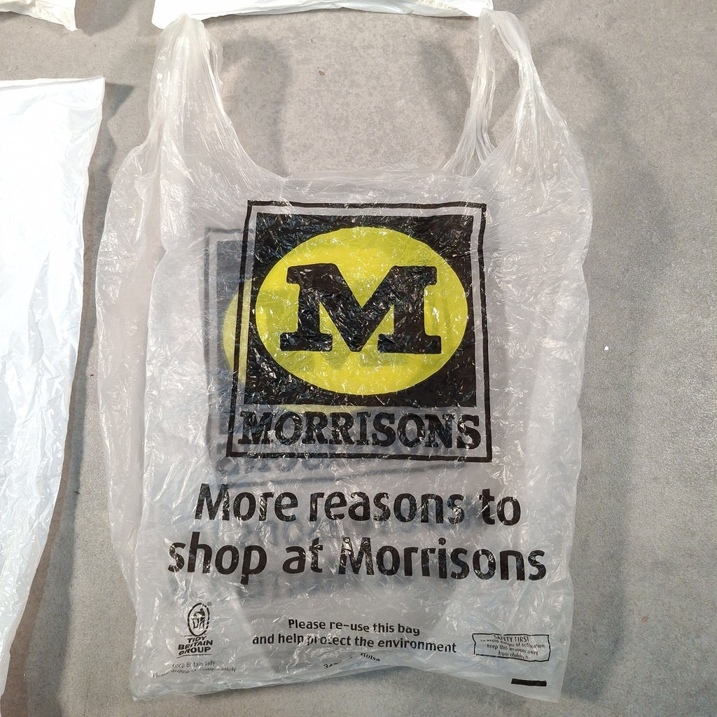 Vintage Carrier Bags Set of 4 - Morrisons, Argos, Sainsbury's, Plymco - 1990s/2000s - Prop / Collector - Used