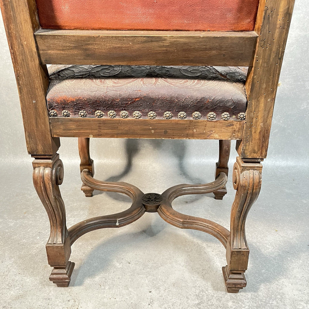 Antique Victorian Renaissance Revival Oak Hall Chair c.1880s Tooled Leather Seat