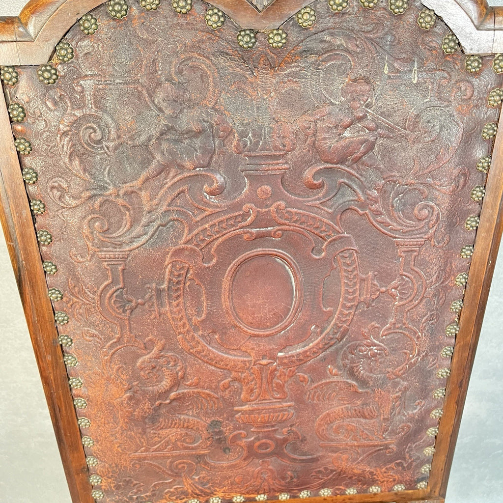 Antique Victorian Renaissance Revival Oak Hall Chair c.1880s Tooled Leather Seat
