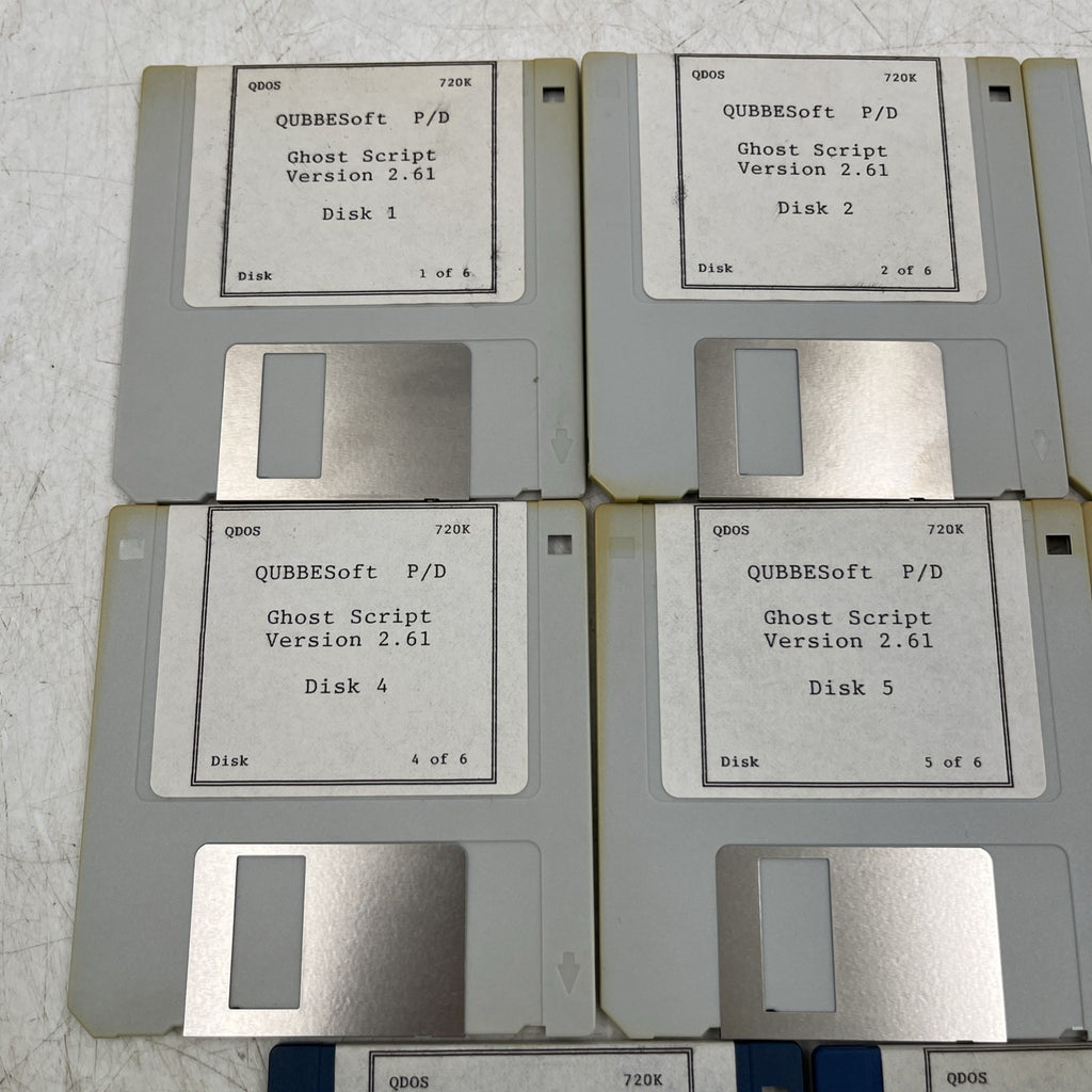 QUBBESoft Sinclair QL Floppy Disk Set - Ghost Script v2.61 (6 Disks) + PSION Xchange + PD Catalogue - QDOS 720K - Used