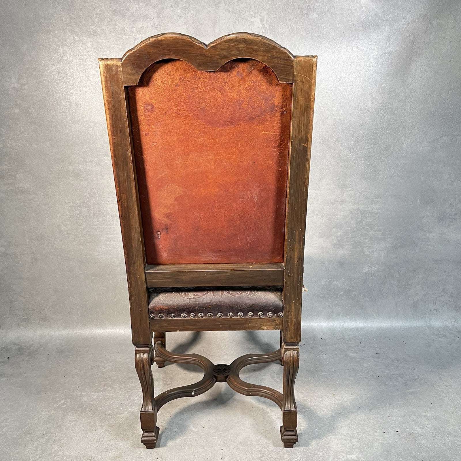 Antique Victorian Renaissance Revival Oak Hall Chair c.1880s Tooled Leather Seat