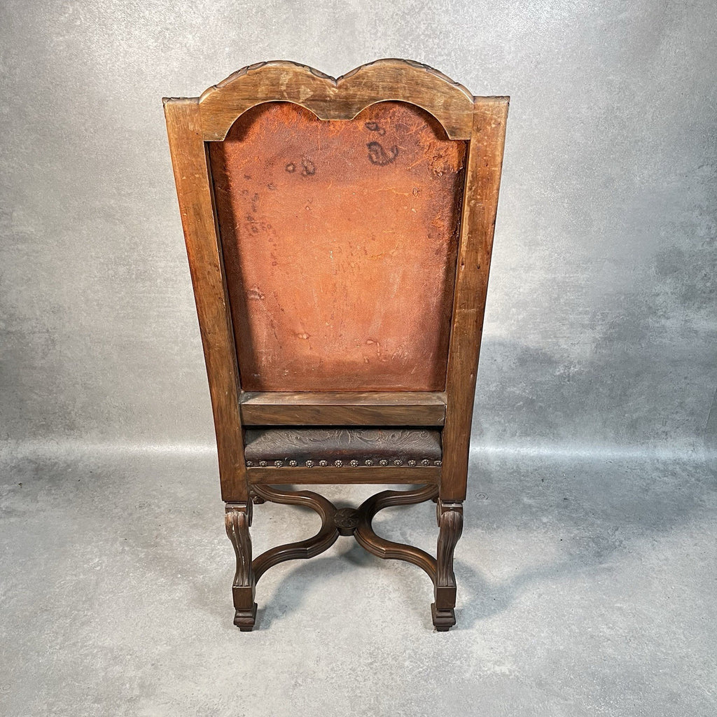 Antique Victorian Renaissance Revival Oak Hall Chair c.1880s Tooled Leather Seat