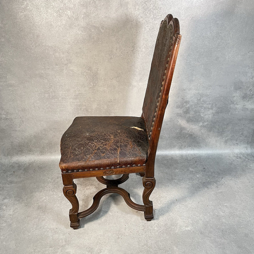 Antique Victorian Renaissance Revival Oak Hall Chair c.1880s Tooled Leather Seat