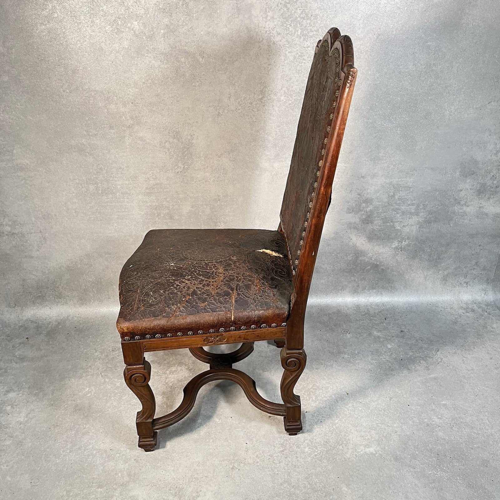 Antique Victorian Renaissance Revival Oak Hall Chair c.1880s Tooled Leather Seat