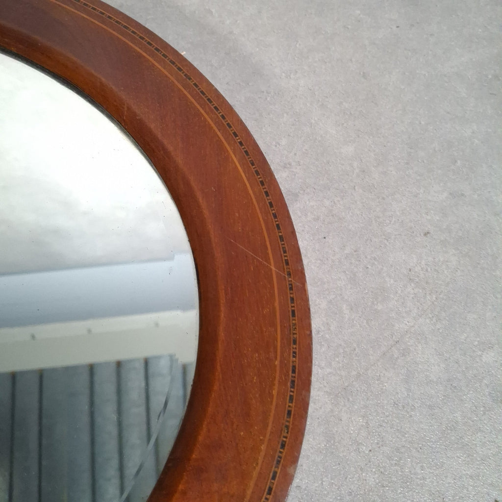 Antique Edwardian Oval Bevelled Wall Mirror | Inlaid Mahogany Frame | c.1900s | 85cm | Used