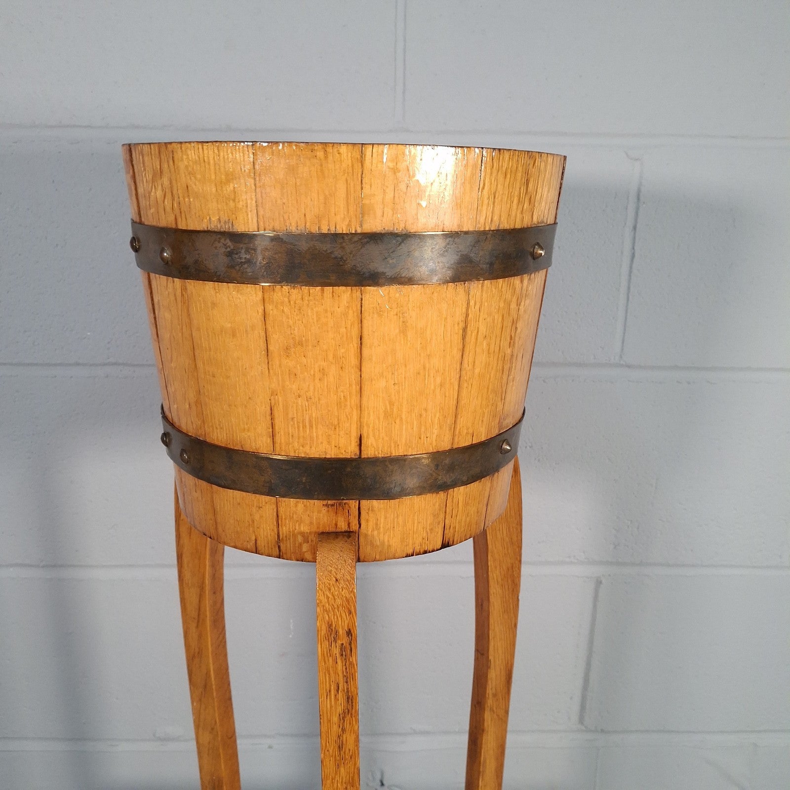 Wood & Brass Bound Plant Stand - Barrel Jardiniere R.A. Lister & Co Vintage Prop