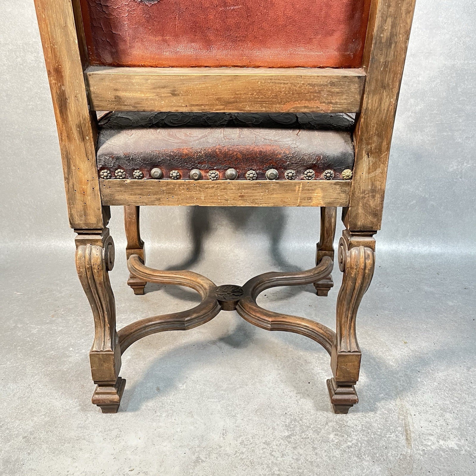 Antique Victorian Renaissance Revival Oak Hall Chair | Tooled Leather Seat & Back | c.1880s | Used