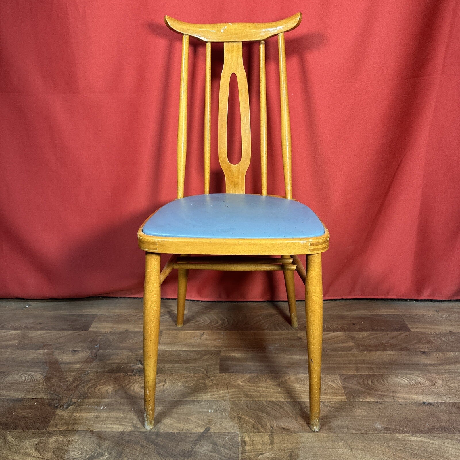Dining Chair Mid Century Blue Vinyl Seat Cushion Made In Romania PROP