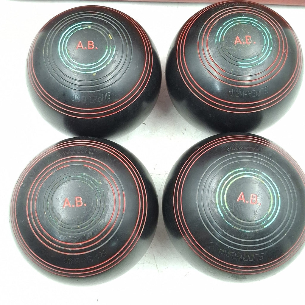 Henselite Championship Super-Grip Lawn Bowls - Size 5 - Black - Set of 4 - Vintage - with Welkin Bag - Used