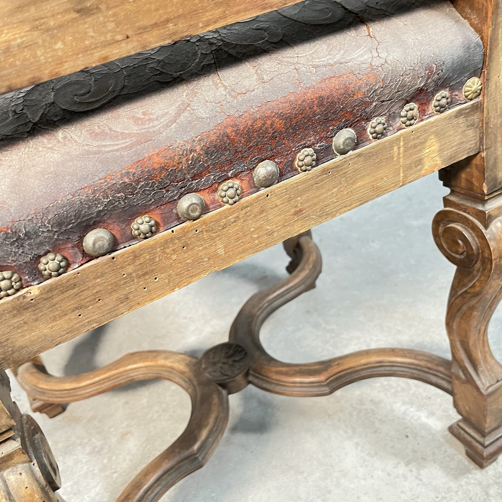 Antique Victorian Renaissance Revival Oak Hall Chair | Tooled Leather Seat & Back | c.1880s | Used