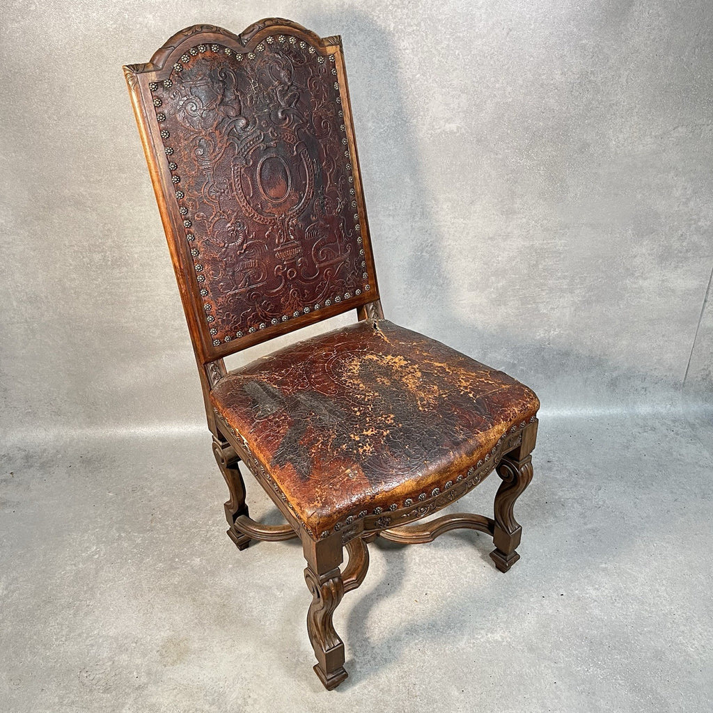 Antique Victorian Renaissance Revival Oak Hall Chair | Tooled Leather Seat & Back | c.1880s | Used