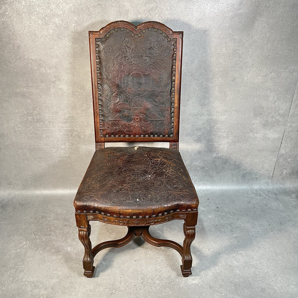 Antique Victorian Renaissance Revival Oak Hall Chair c.1880s Tooled Leather Seat