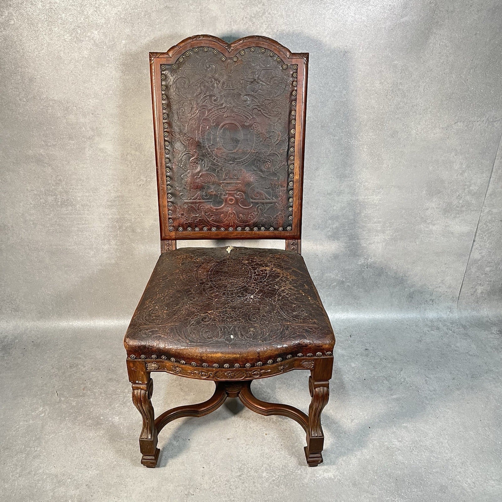Antique Victorian Renaissance Revival Oak Hall Chair c.1880s Tooled Leather Seat