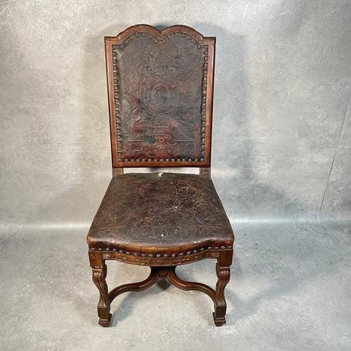 Antique Victorian Renaissance Revival Oak Hall Chair c.1880s Tooled Leather Seat