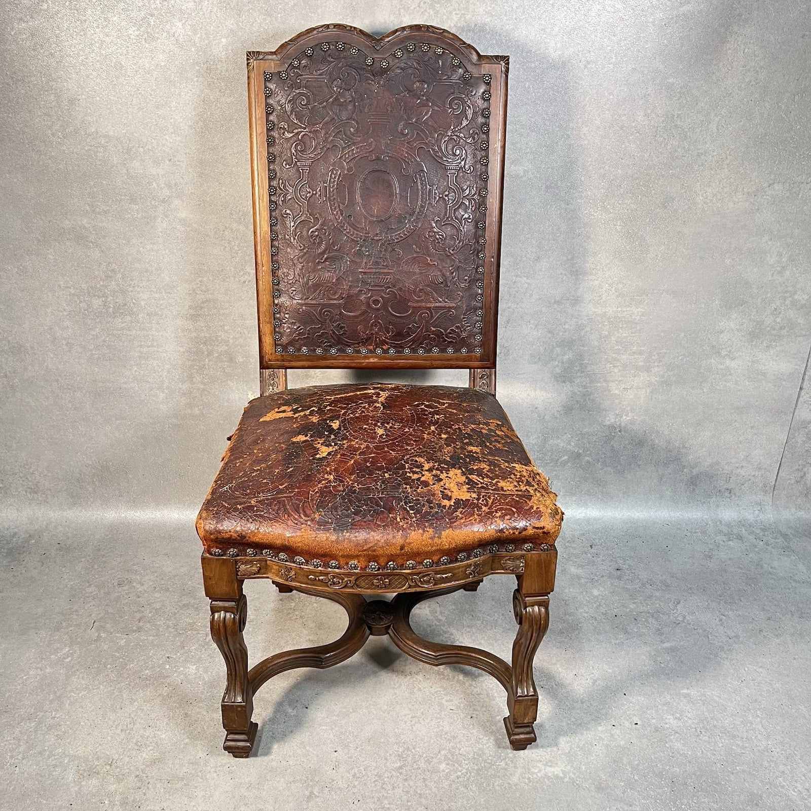 Antique Victorian Renaissance Revival Oak Hall Chair c.1880s Tooled Leather Seat