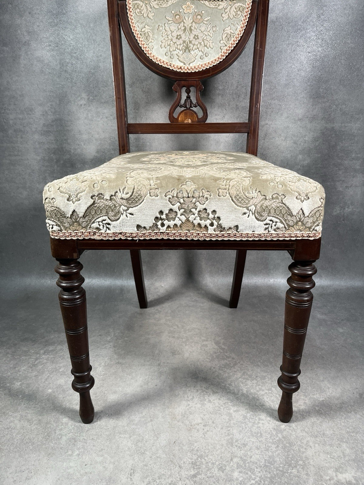 Edwardian Inlaid Mahogany Chair | Satinwood Fan Motif | Floral Upholstery | c.1900 | Antique | Used
