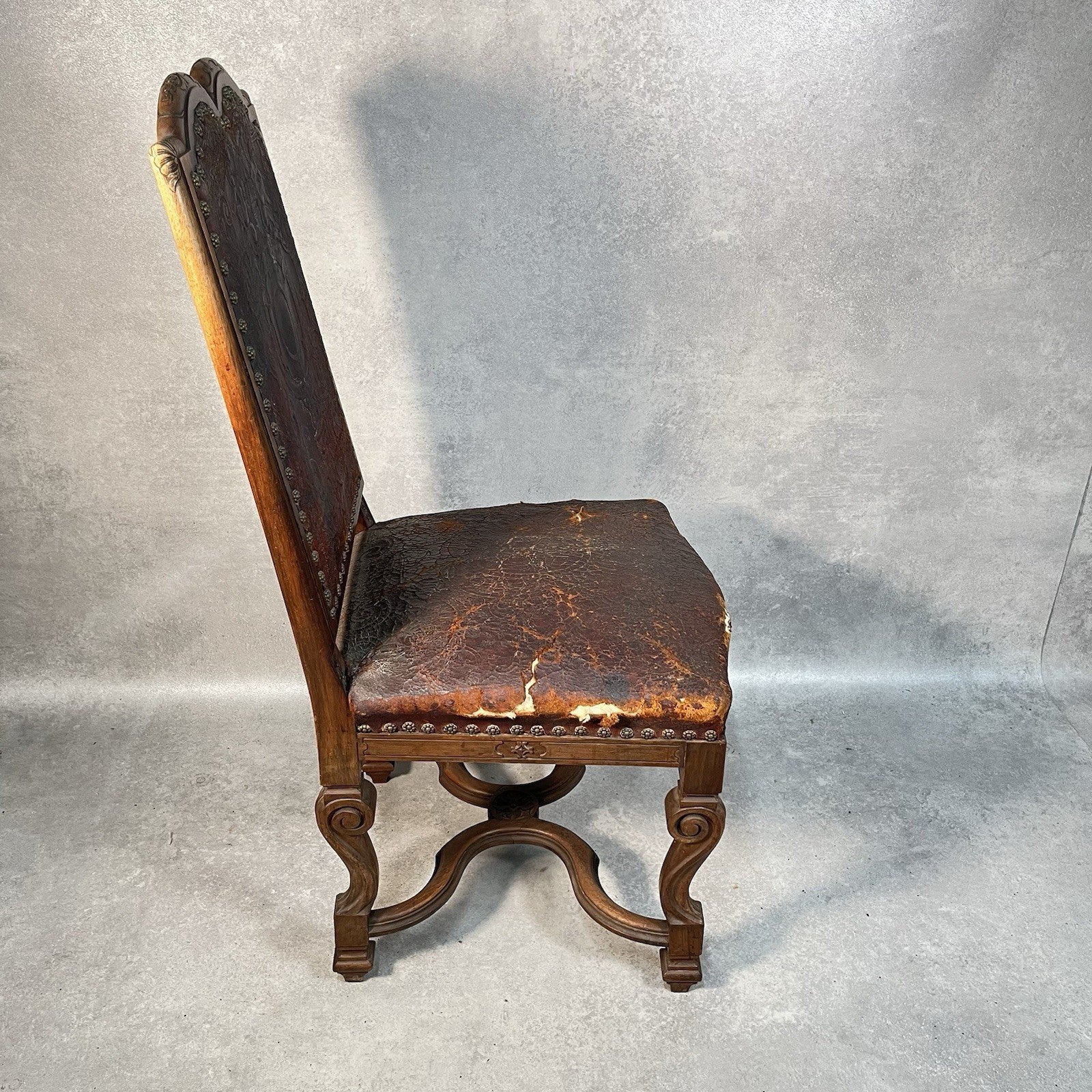 Antique Victorian Renaissance Revival Oak Hall Chair c.1880s Tooled Leather Seat