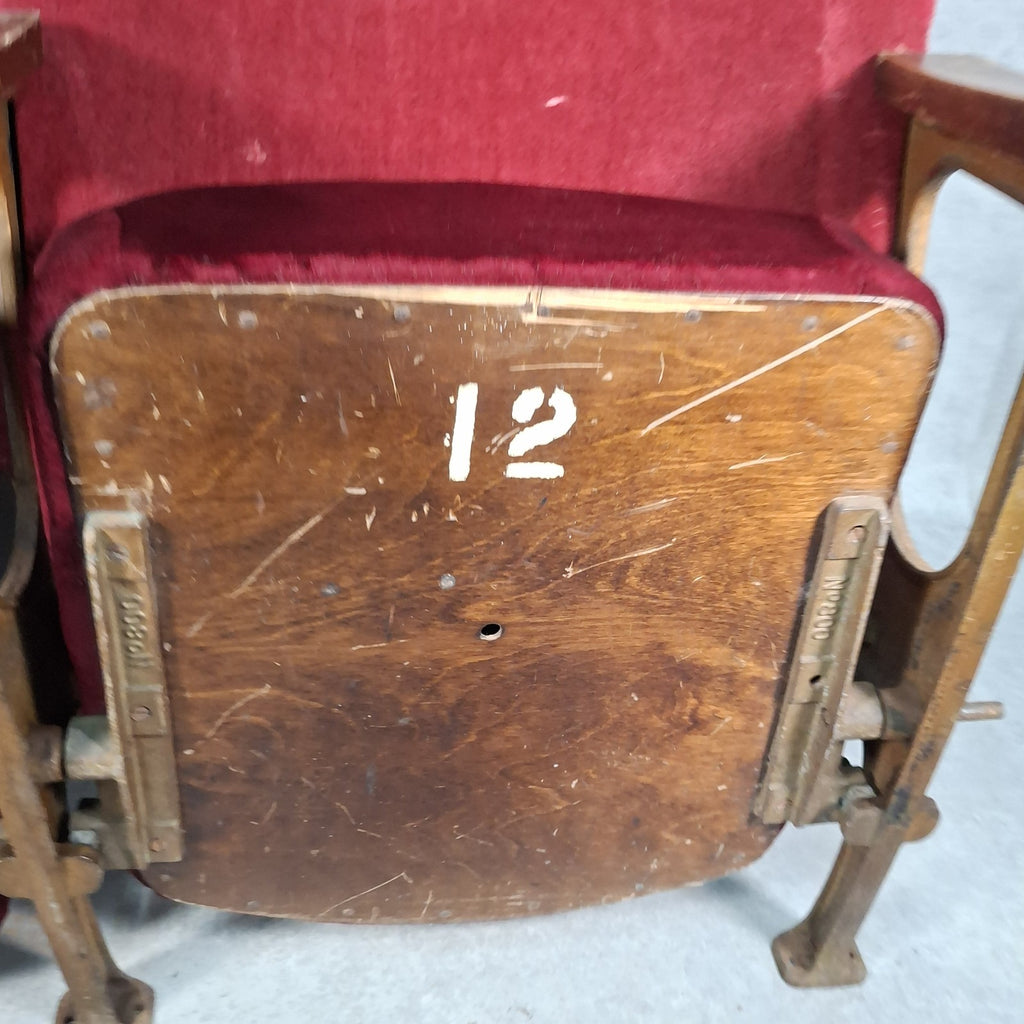 Art Deco Vintage Twin Cinema Theatre Fold-Up Seats | Red Fabric | Original Row Numbers