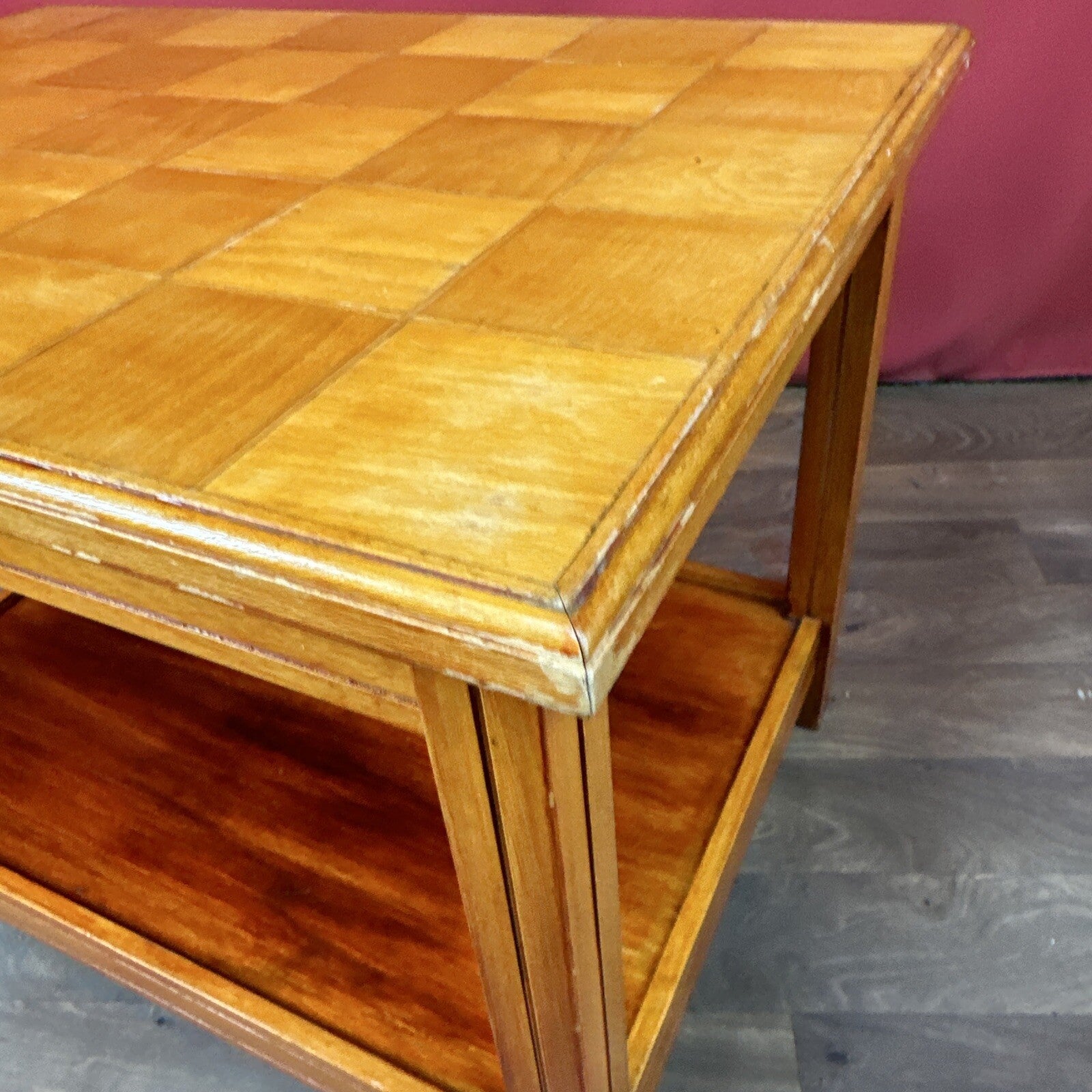Vintage Square Coffee Table | Patterned Top | Retro Side Table | Used | Orange Tones