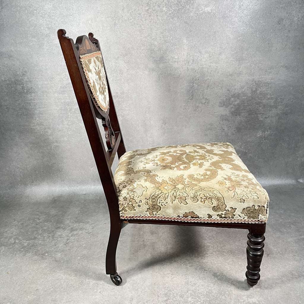 Edwardian Inlaid Mahogany Bedroom Chair | Satinwood Fan Motif | Floral Upholstery | Castors | c.1900 | Used