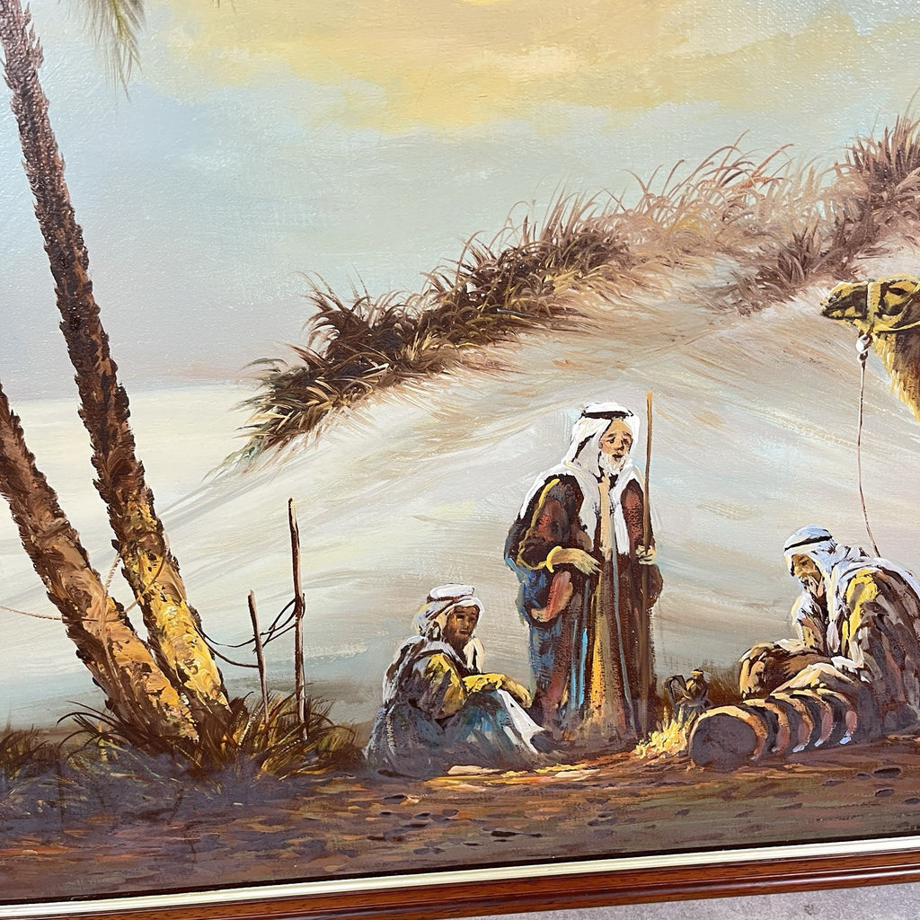Signed Original Painting on Board | Desert Camel Scene with Travellers | J. Perkins | Framed | Used