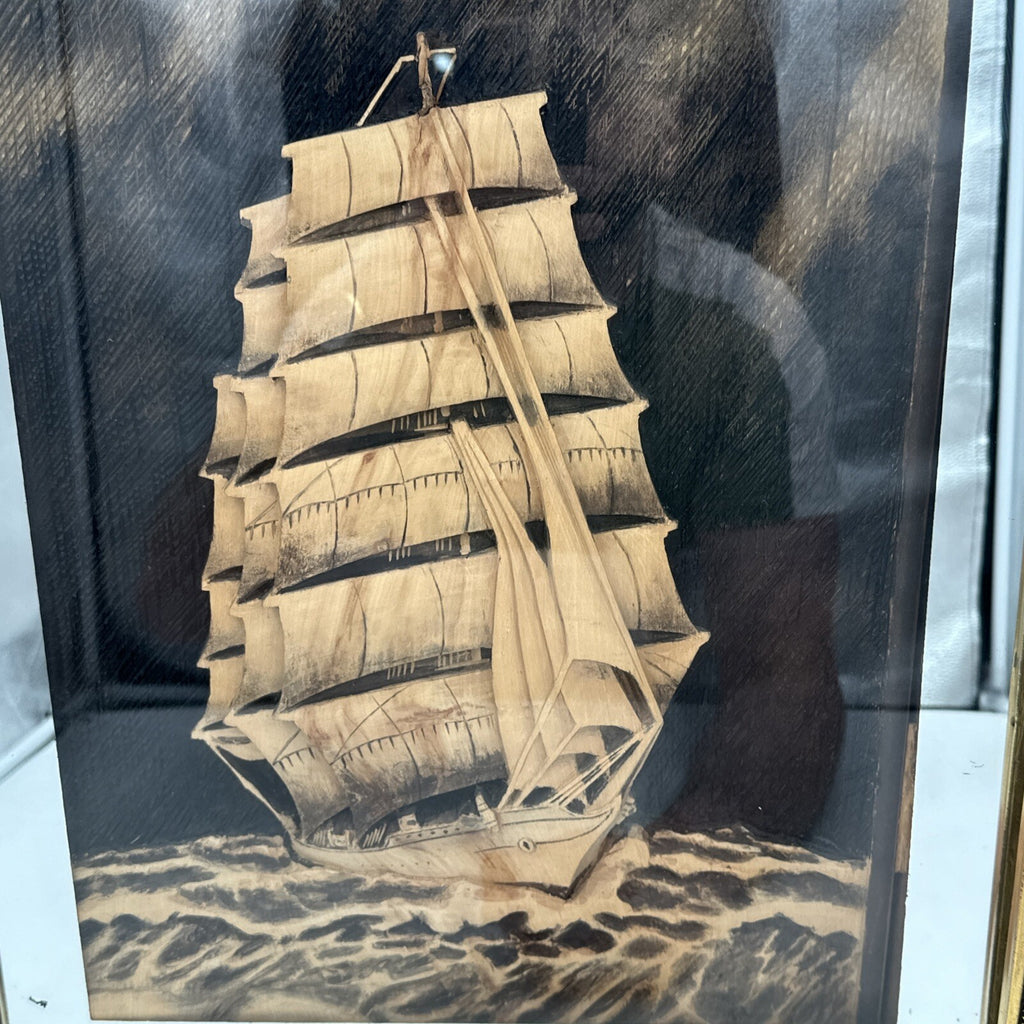 Brass Framed Mirror Carved Wooden Galleon Sail Ship Framed Vintage 47.5 x 57.5cm