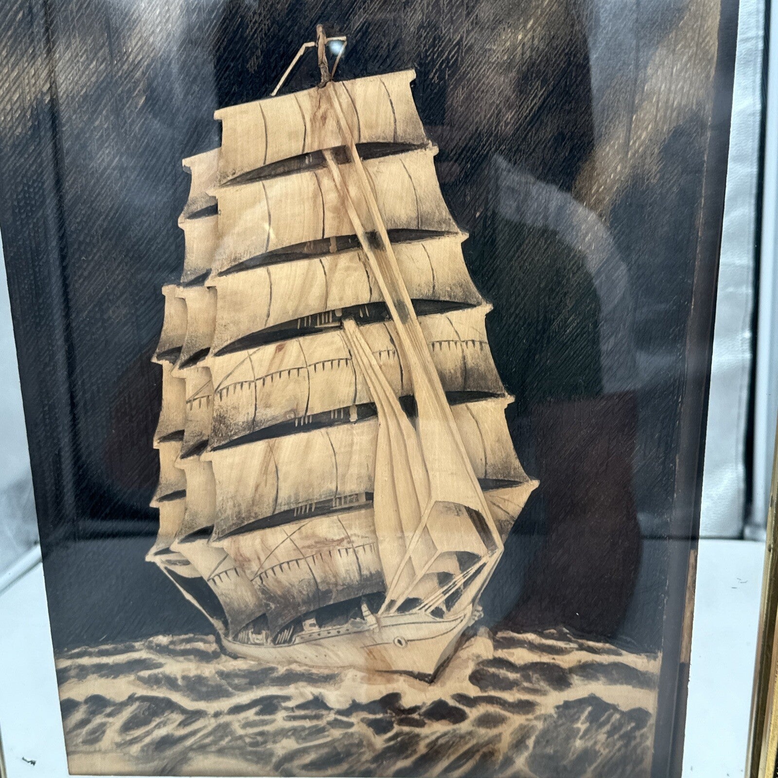 Brass Framed Mirror Carved Wooden Galleon Sail Ship Framed Vintage 47.5 x 57.5cm