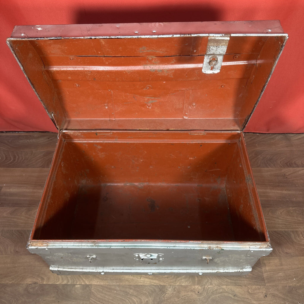 Large Vintage Metal Dome-Top Steamer Trunk - Storage Chest, Stage Prop, One Latch Missing, Used