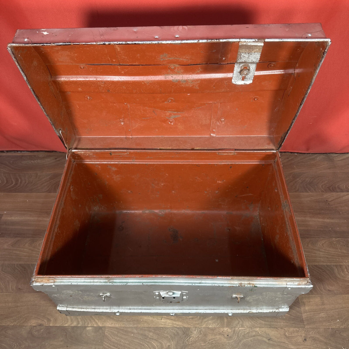 Large Vintage Metal Dome-Top Steamer Trunk - Storage Chest, Stage Prop, One Latch Missing, Used