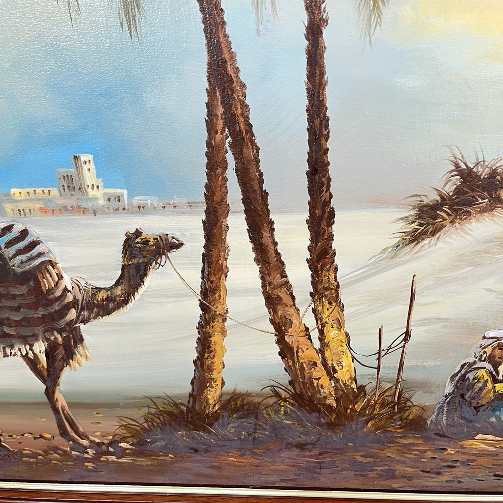 Signed Original Painting on Board | Desert Camel Scene with Travellers | J. Perkins | Framed | Used