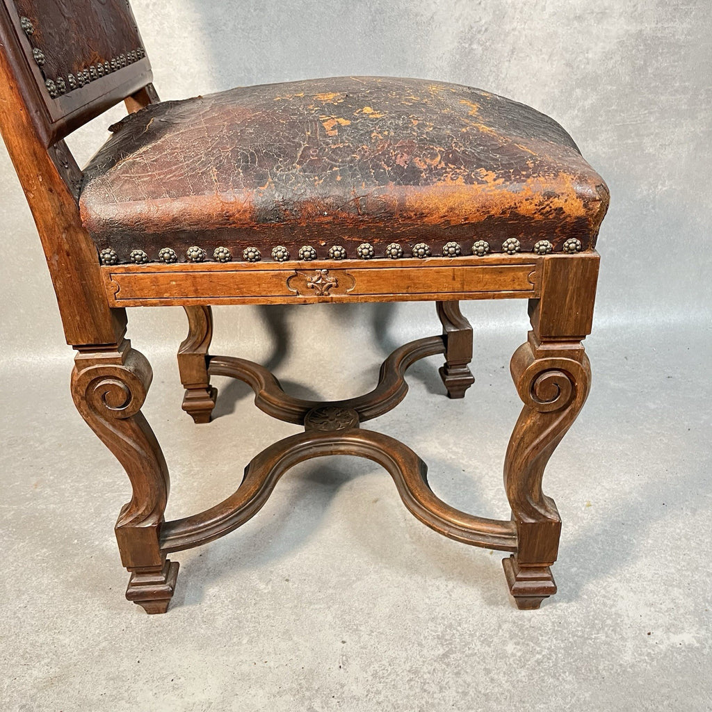 Antique Victorian Renaissance Revival Oak Hall Chair c.1880s Tooled Leather Seat