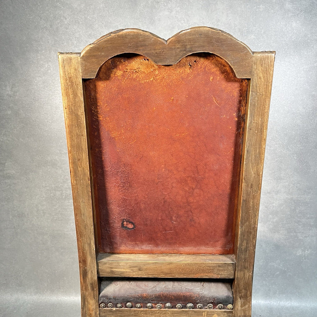 Antique Victorian Renaissance Revival Oak Hall Chair | Tooled Leather Seat & Back | c.1880s | Used