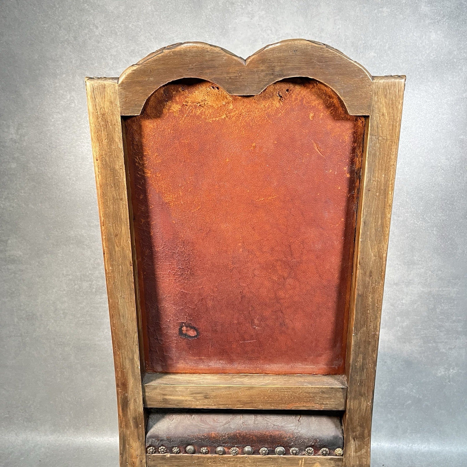 Antique Victorian Renaissance Revival Oak Hall Chair | Tooled Leather Seat & Back | c.1880s | Used