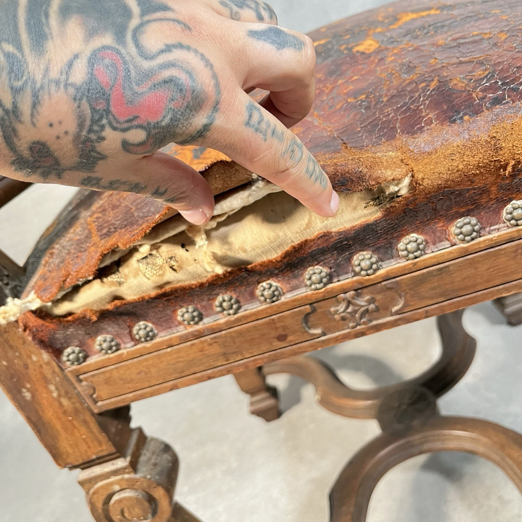 Antique Victorian Renaissance Revival Oak Hall Chair c.1880s Tooled Leather Seat