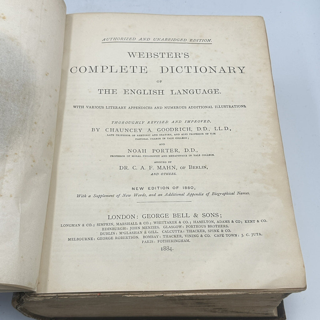 Websters Complete Dictionary Unabridged Antique 1884 Large Book