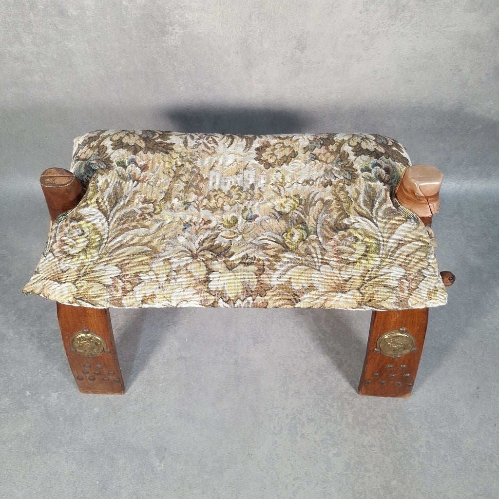 Vintage Egyptian Camel Saddle Foot Stool Cushion Brass Plates