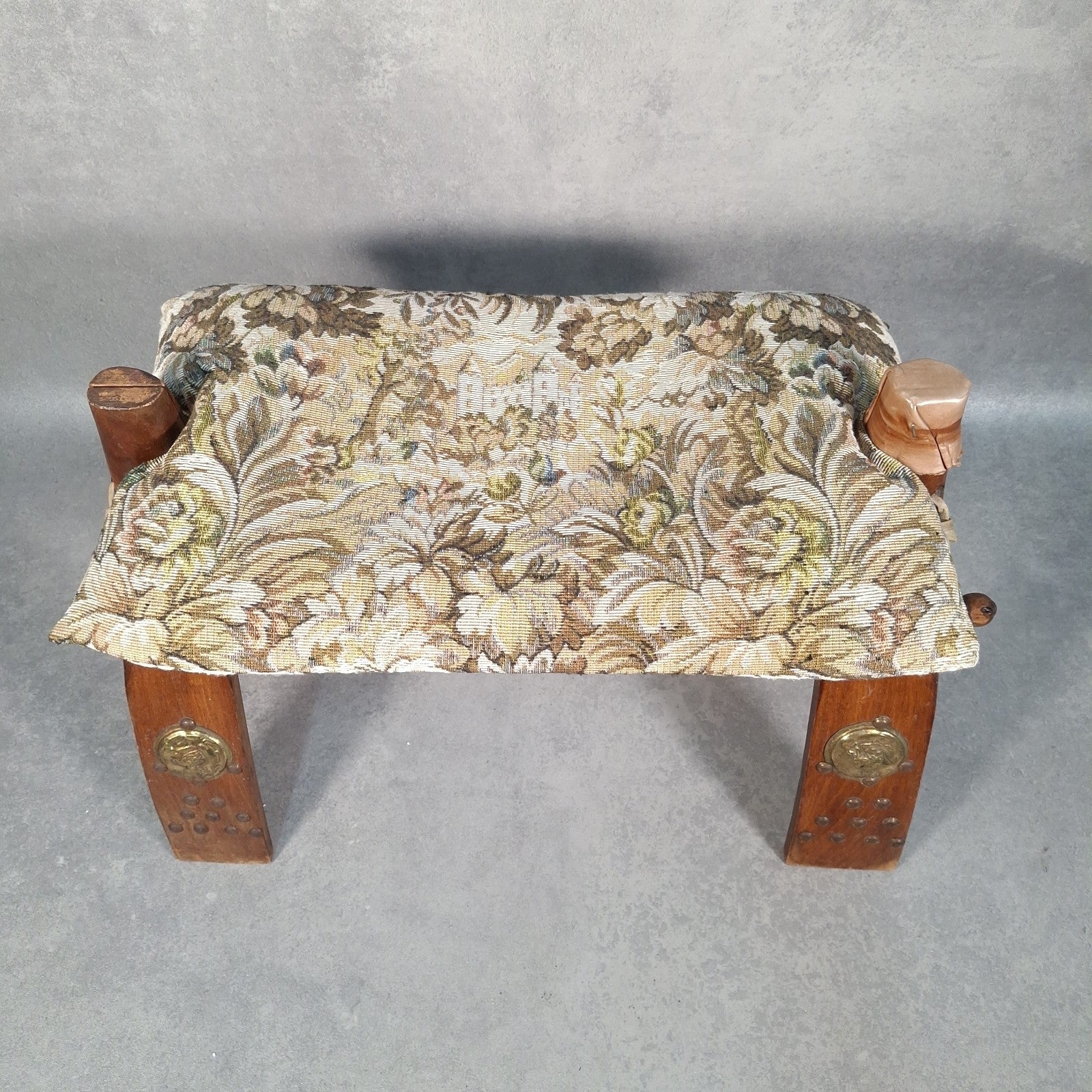 Vintage Egyptian Camel Saddle Foot Stool Cushion Brass Plates
