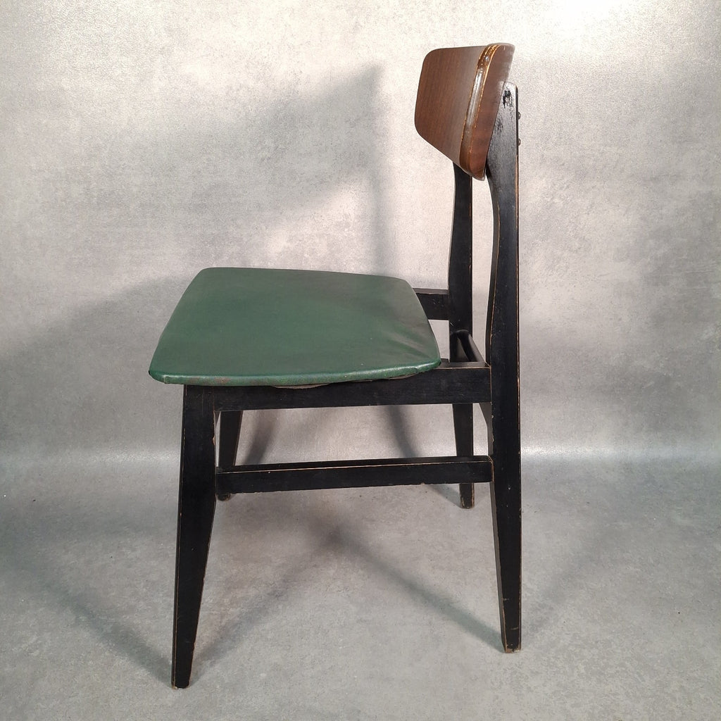 Vintage 1960s Mid-Century School Chair | Green Vinyl Seat & Bent Ply Backrest | Black Frame | Used