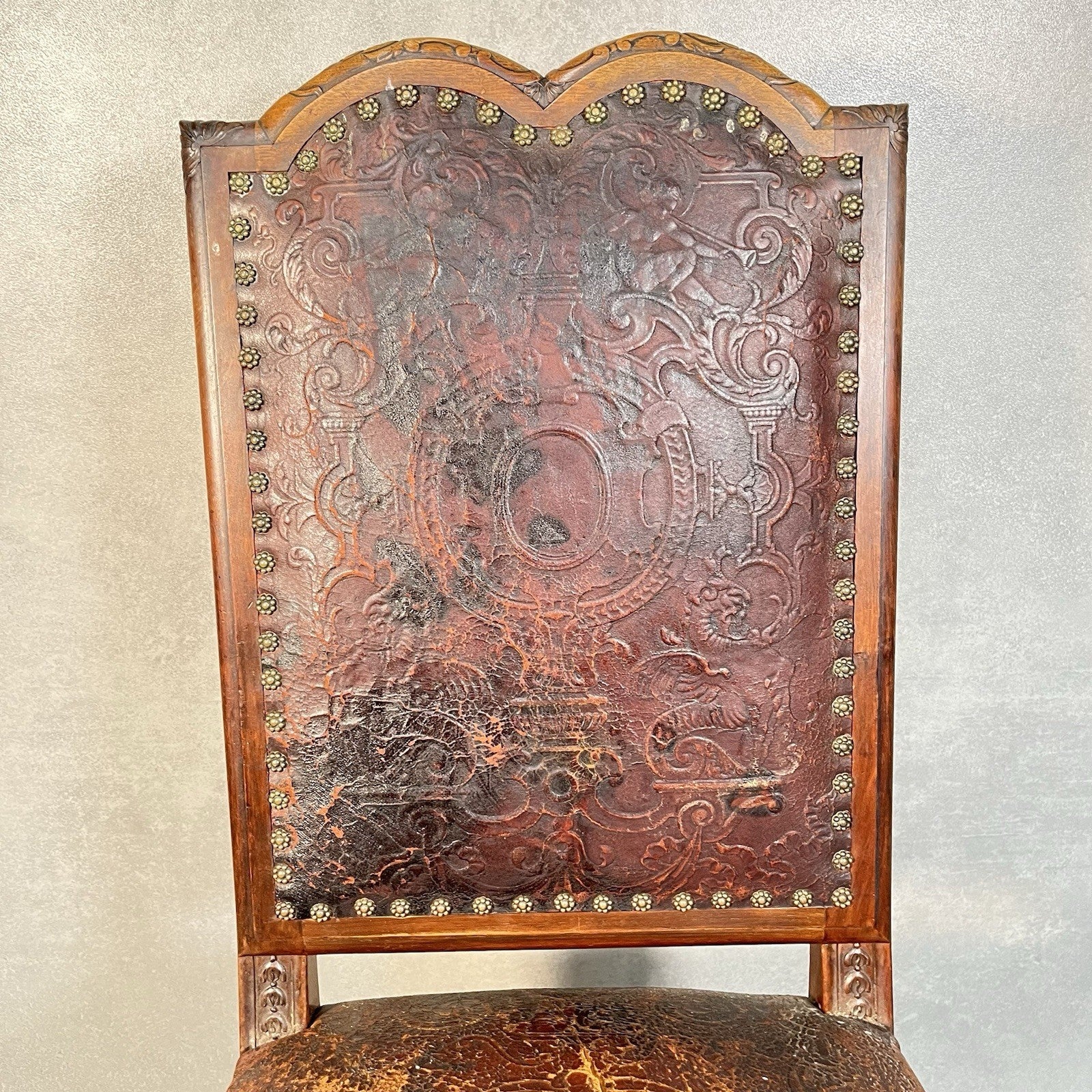 Antique Victorian Renaissance Revival Oak Hall Chair c.1880s Tooled Leather Seat