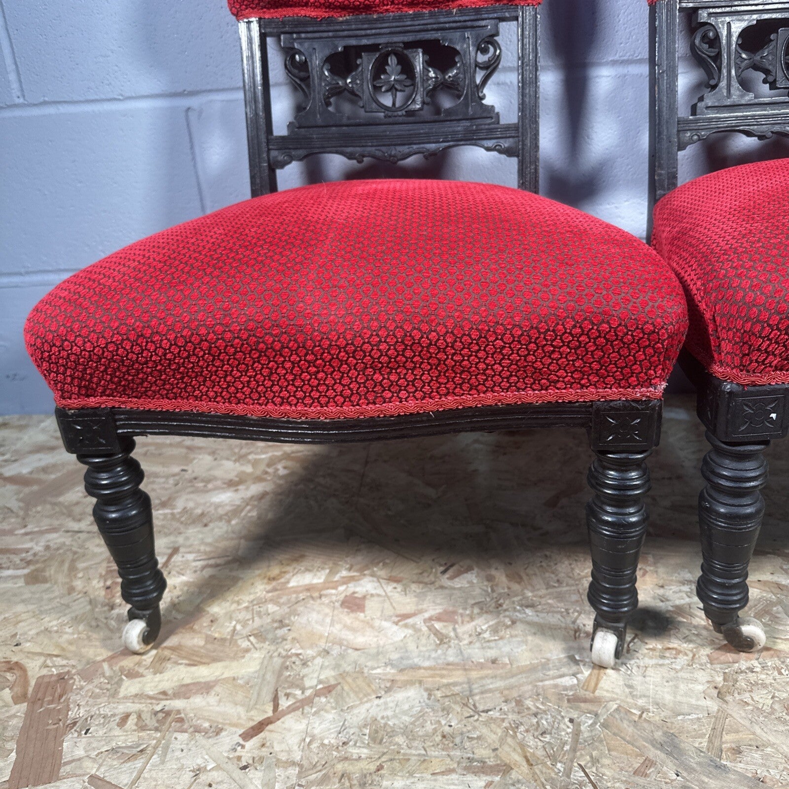 Pair of Antique Carved Nursing Chairs | Black Painted | Red Upholstery | Castors