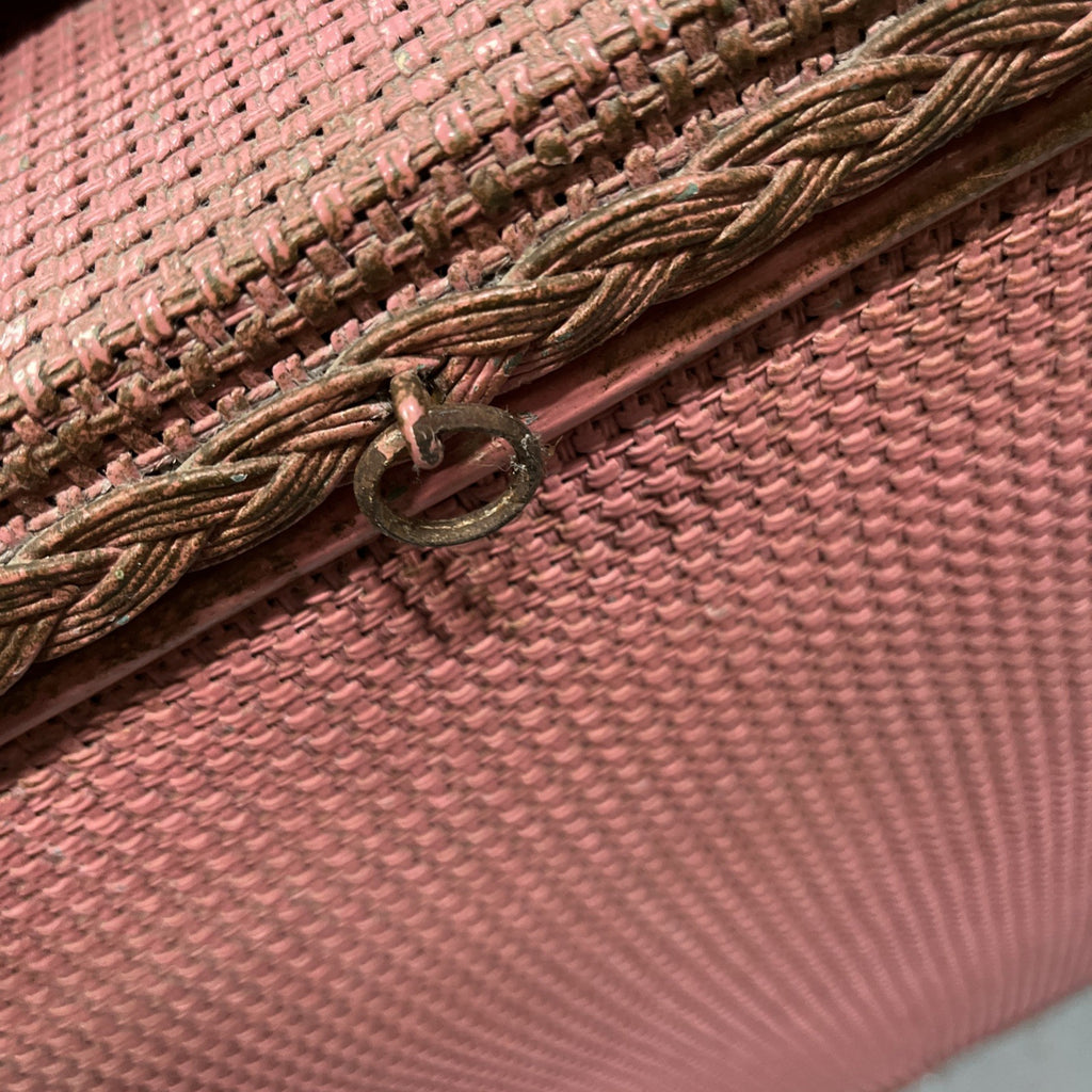 Vintage Pink Lloyd Loom Style Woven Fibre Laundry Basket / Linen Hamper - 1950s, Used, Green Original Colour