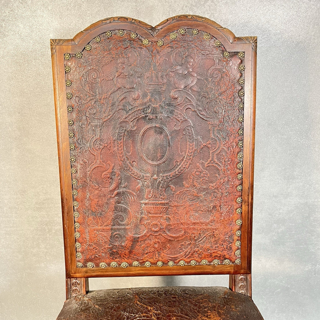 Antique Victorian Renaissance Revival Oak Hall Chair c.1880s Tooled Leather Seat
