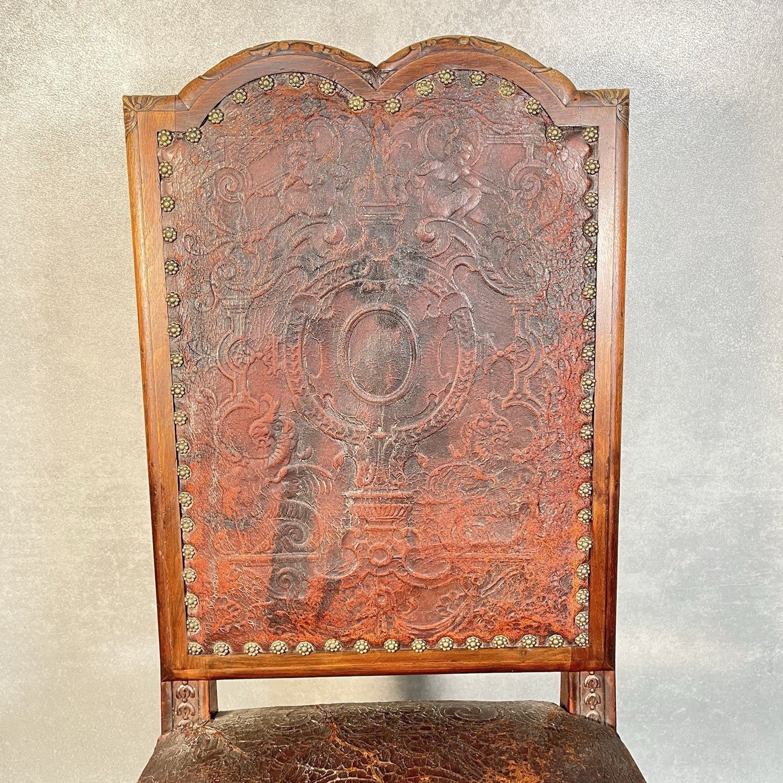 Antique Victorian Renaissance Revival Oak Hall Chair c.1880s Tooled Leather Seat